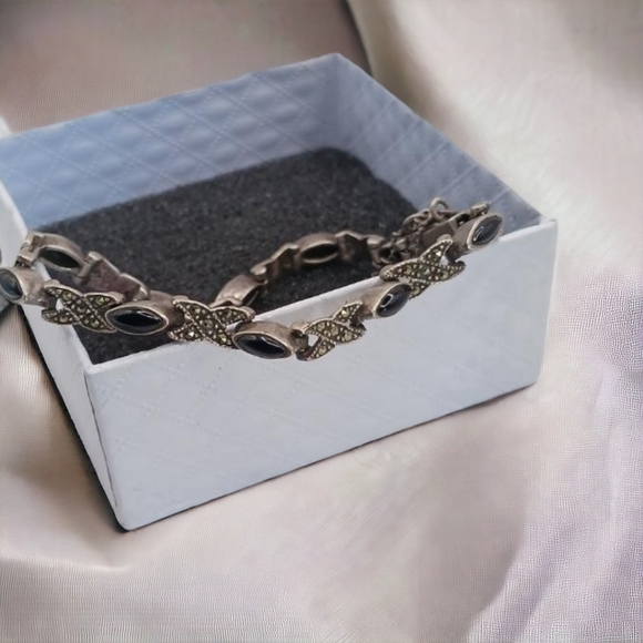 Vintage Sterling Silver 925 Black Onyx Marcasite Thai Tennis Bracelet, 7" with - Picture 3 of 6